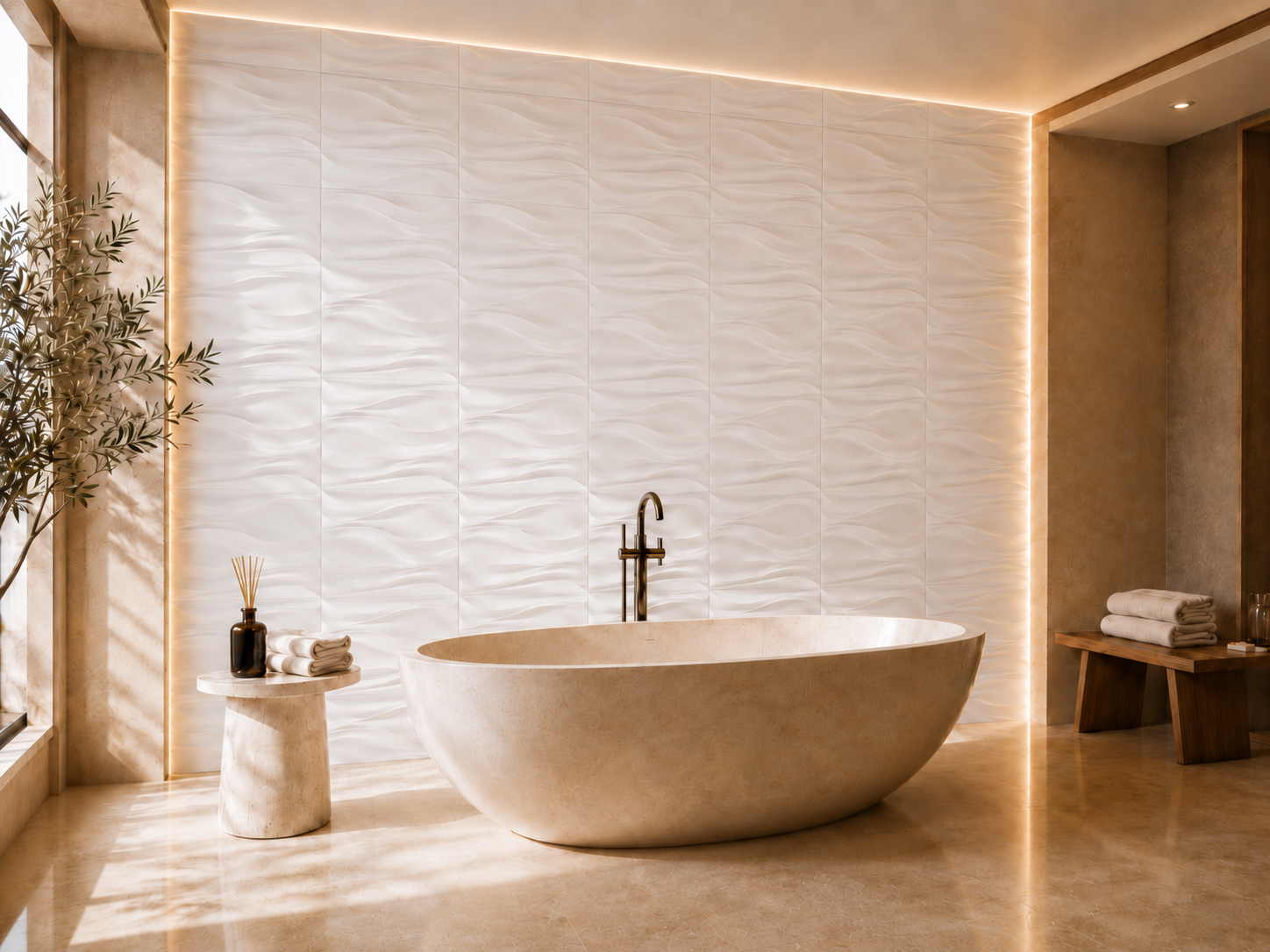 Biały kaseton ścienny 3D fale 50x50 cm w nowoczesnej łazience SPA premium z oświetleniem LED