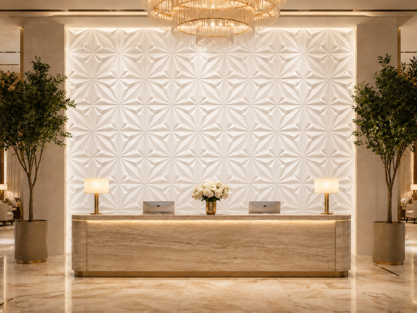 Kaseton ścienny sufitowy biały 3D romby i trójkąty 50x50 cm w eleganckim lobby hotelowym