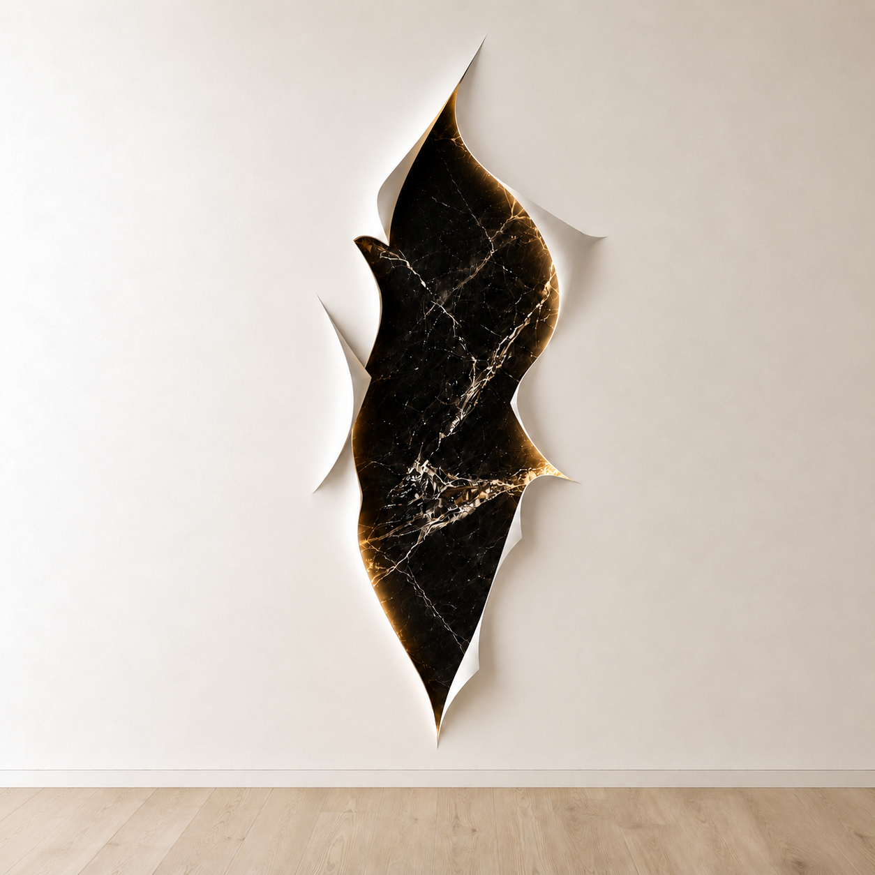Biała ściana z eleganckim rozdarciem odsłaniającym dekoracyjny panel ścienny samoprzylepny czarny marmur 60x30 cm w nowoczesnym minimalistycznym wnętrzu