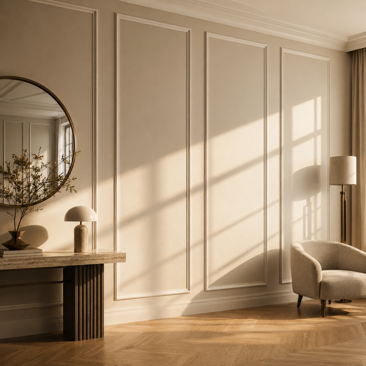 Sztukateria ścienna samoprzylepna 200x4 cm na jasnej ścianie w nowoczesnym wnętrzu. Dekoracyjne listwy ścienne tworzą elegancką kompozycję inspirowaną architekturą premium, podkreśloną naturalnym światłem i drewnianą podłogą.