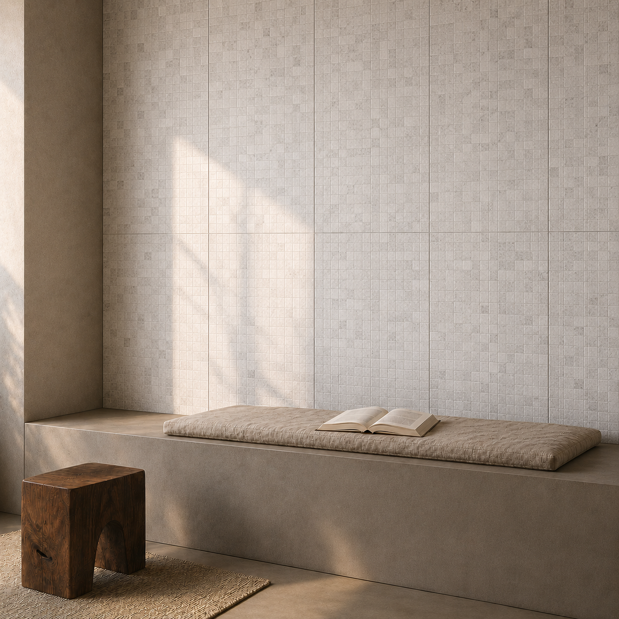 Warm Brutalism wnętrza – ściana z szarej kamiennej mozaiki 48 × 96 cm, betonowa ława, drewniany stołek i miękkie naturalne światło