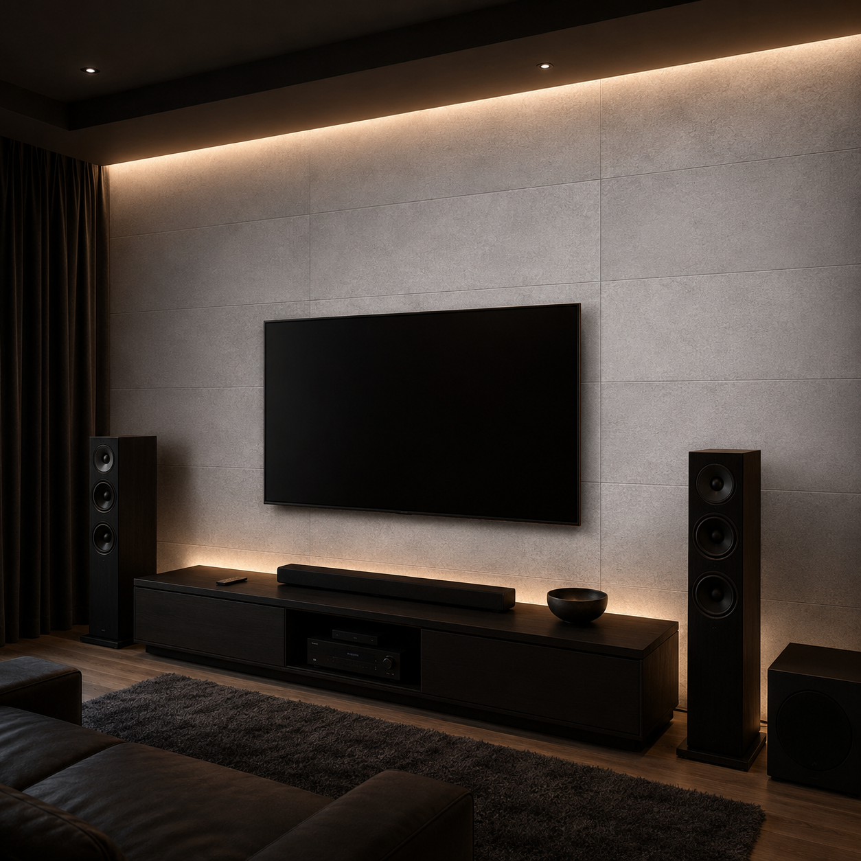 Nastrojowe kino domowe po zmroku ze ścianą wyłożoną betonowymi kasetonami 3D 50×100 cm, telewizorem, soundbarem, głośnikami, ciepłym oświetleniem LED i grafitowym dywanem.