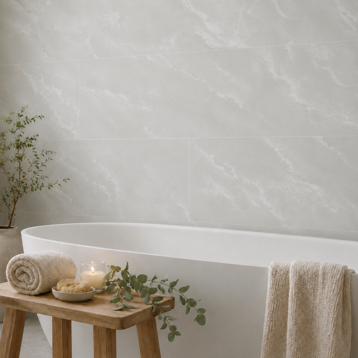 Przytulna łazienka w stylu domowego spa z jasnoszarą ścianą z paneli 60×30 cm, białą wanną, drewnianym stołkiem, świecą, ręcznikami i gałązką eukaliptusa.