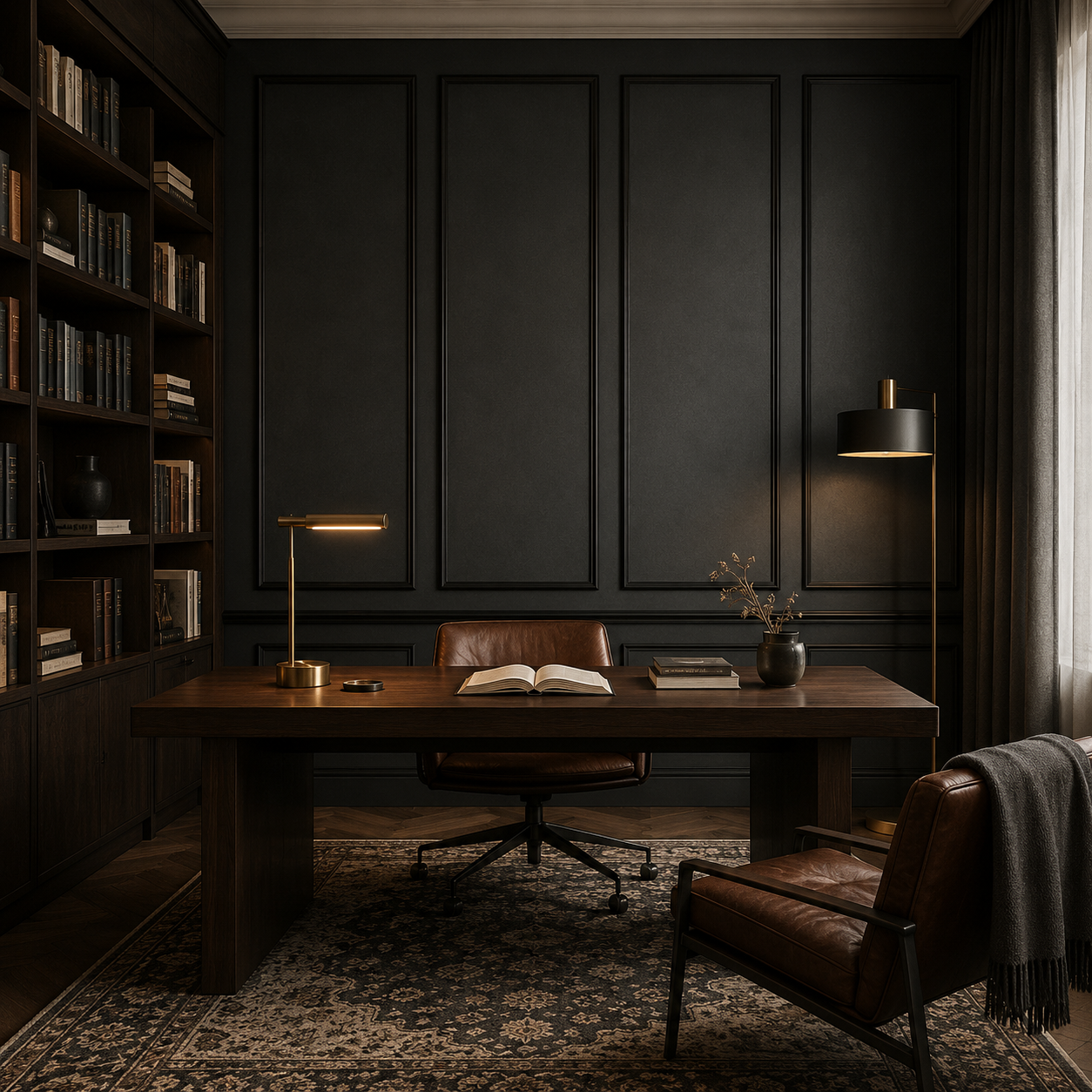 Modern Dark Academia wnętrza – grafitowa ściana z czarnymi listwami sztukateryjnymi 4 cm tworzącymi eleganckie ramy w nowoczesnym gabinecie
