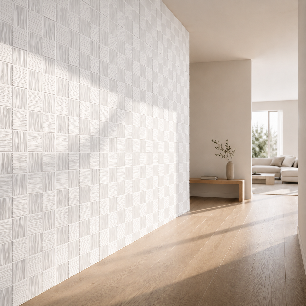 Białe kasetony 3D na ścianę w nowoczesnym korytarzu oświetlonym porannym światłem, które podkreśla geometryczną strukturę paneli 50×50 cm