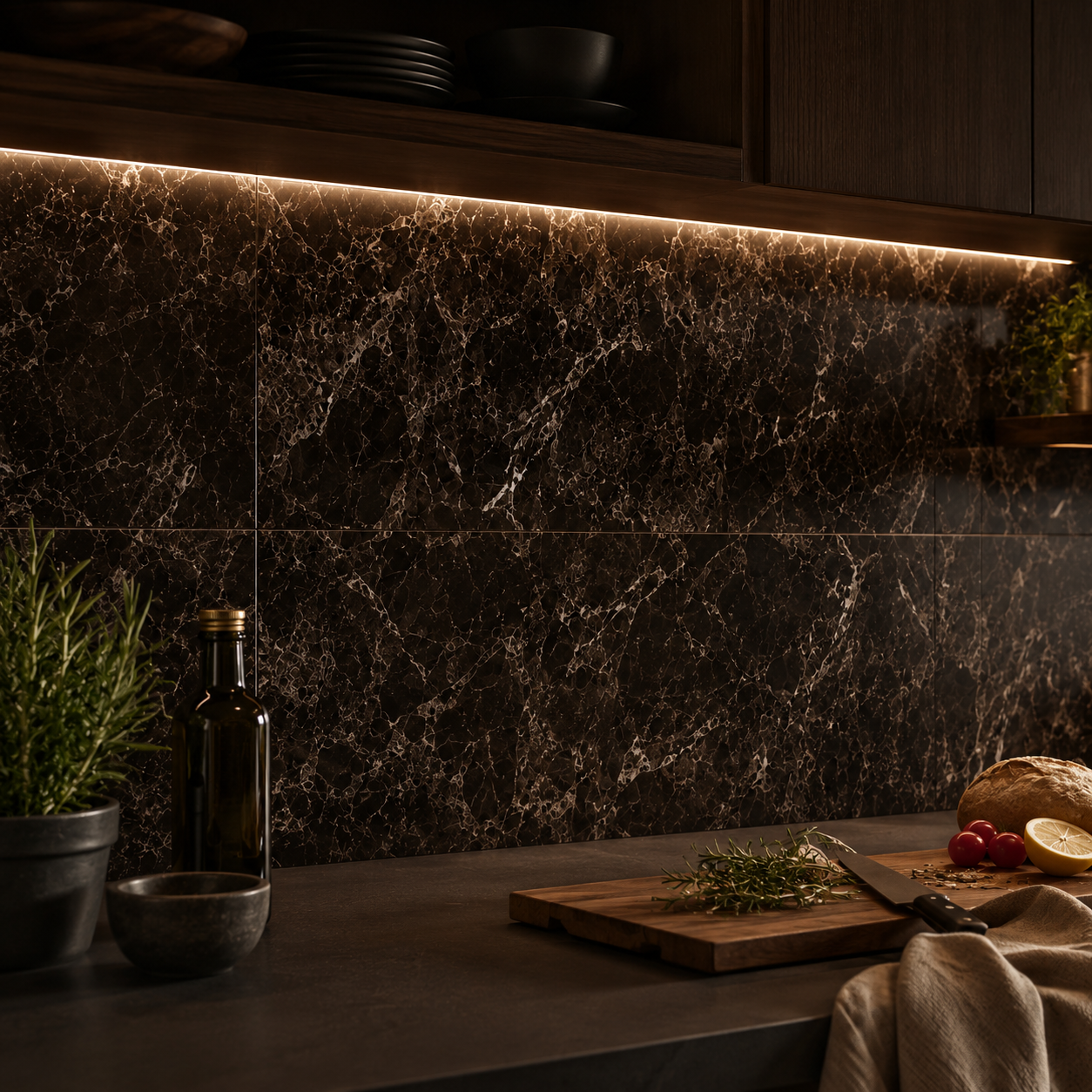 Nastrojowa kuchnia po zmroku ze ścianą nad blatem wyłożoną panelami czarno-brązowy marmur 60×30 cm, ciepłym oświetleniem LED, drewnianą deską, ziołami, oliwą i lnianą ściereczką.