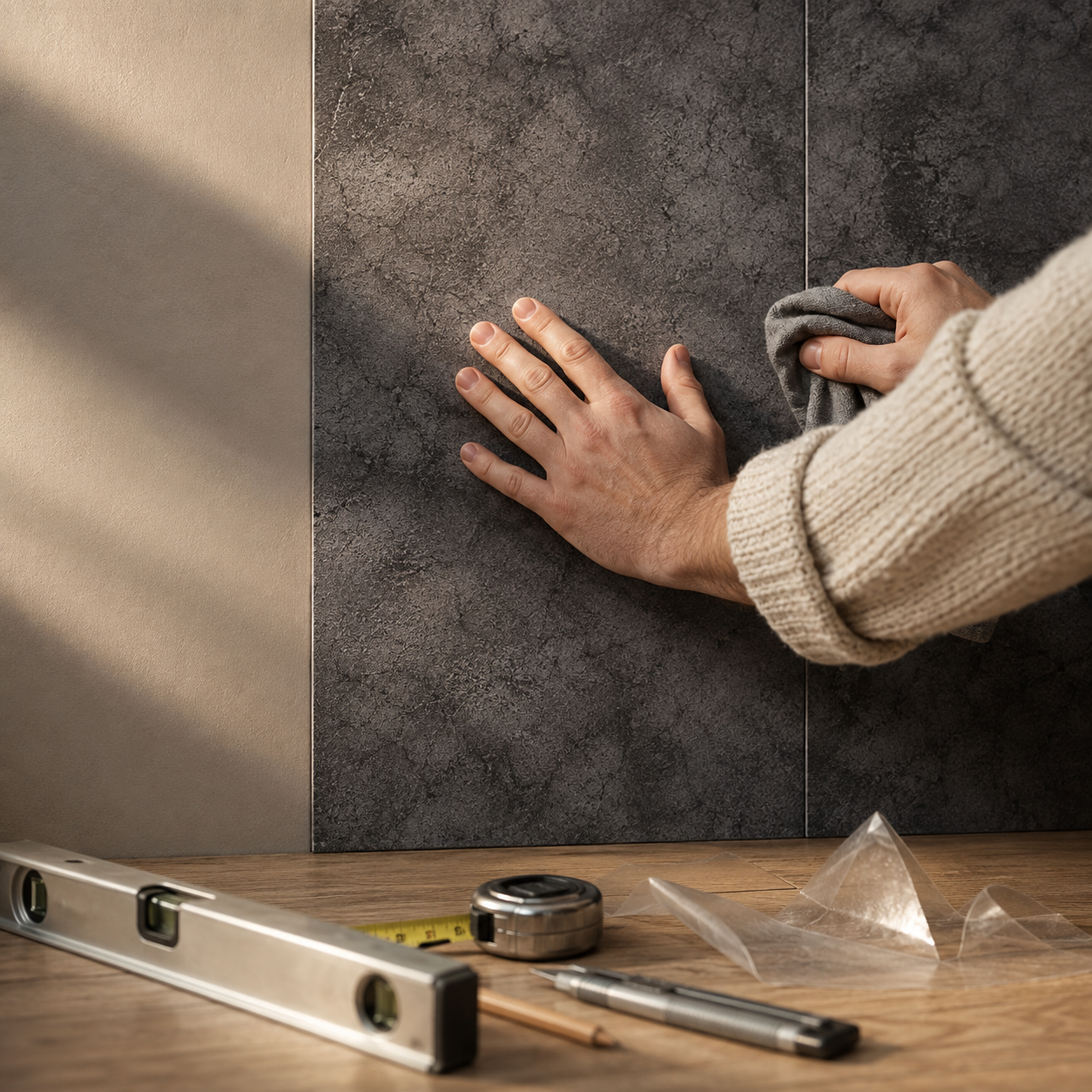Montaż kasetonów 3D na ścianie – dłonie dociskające grafitowy panel 50×100 cm z efektem betonu, obok poziomica, miarka, nożyk i ściereczka z mikrofibry.