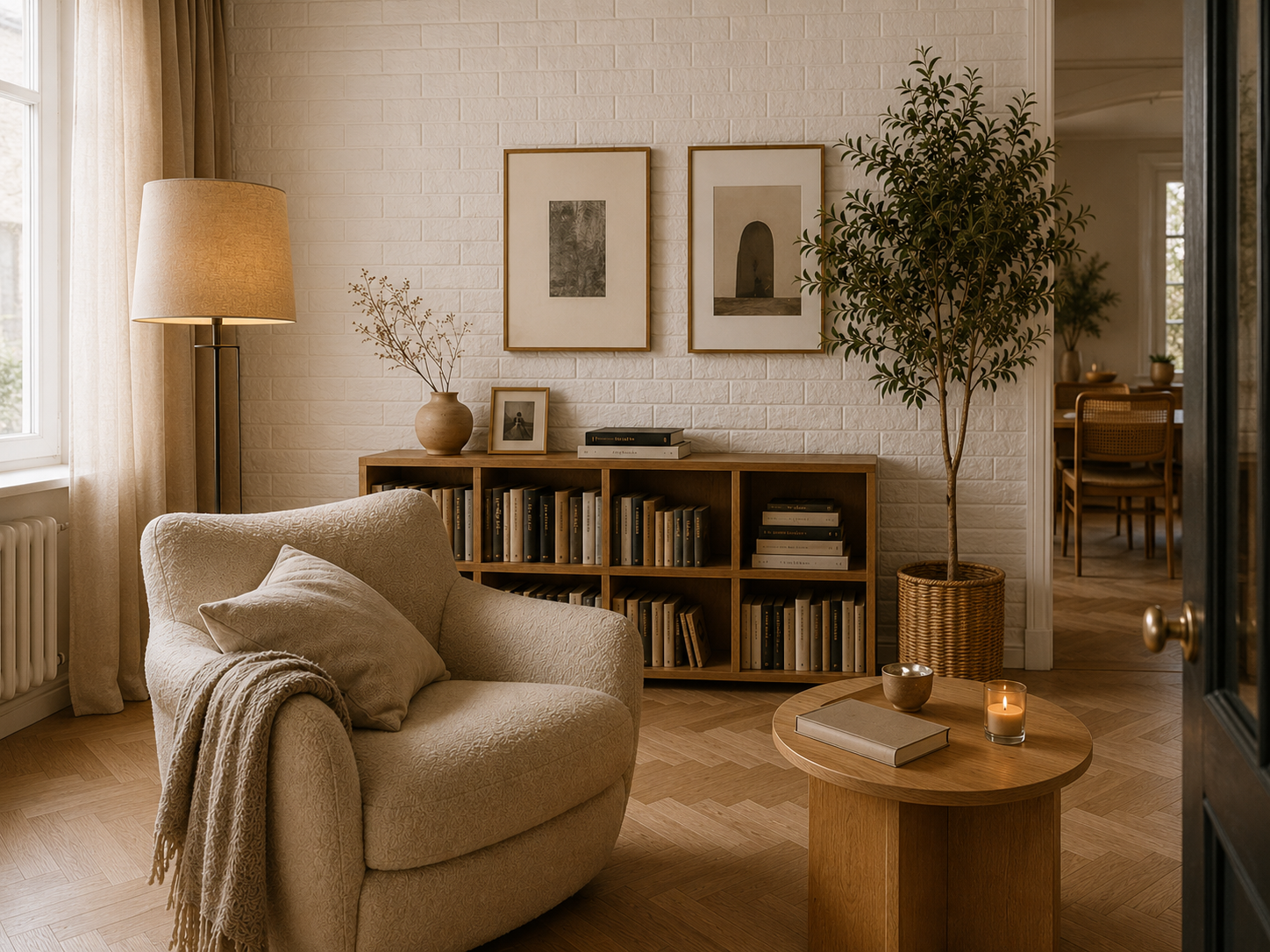 Biała cegła we wnętrzach – przytulny kącik do czytania z panelem 3D biała cegła 70×77 cm